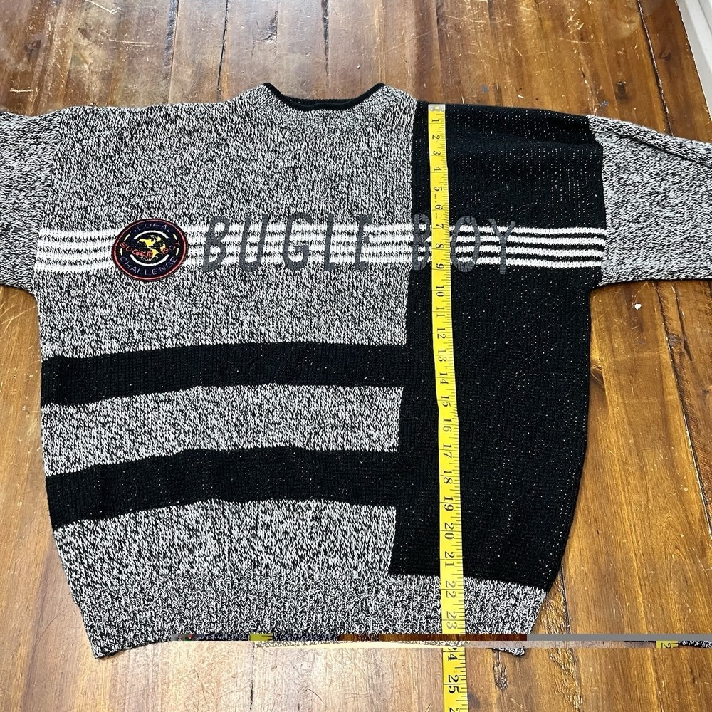 Vintage Bugle Boy Sweater 80s Spell Out Gray Black Block Patch Size Small - Picture 9 of 11